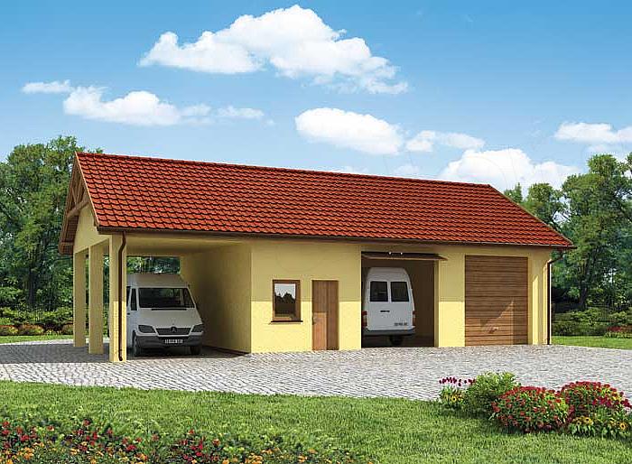 Projekt domu G210 garaż dwustanowiskowy z pomieszczeniami gospodarczymi i wiatą