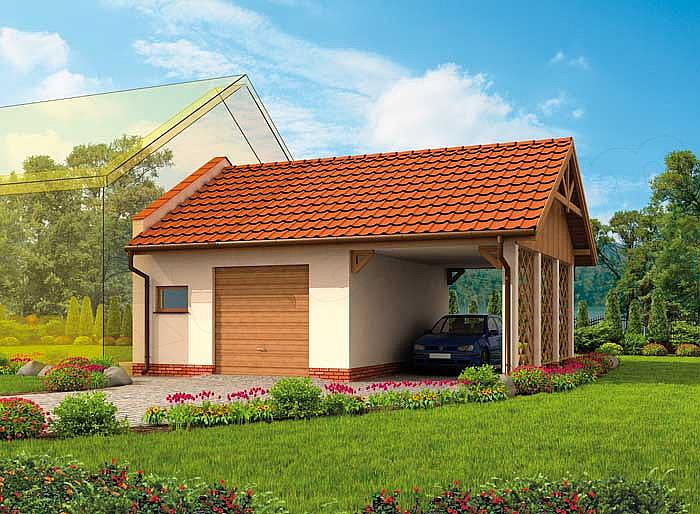 Projekt domu GP10 garaż dostawiany jednostanowiskowy z pomieszczeniem gospodarczym i wiatą