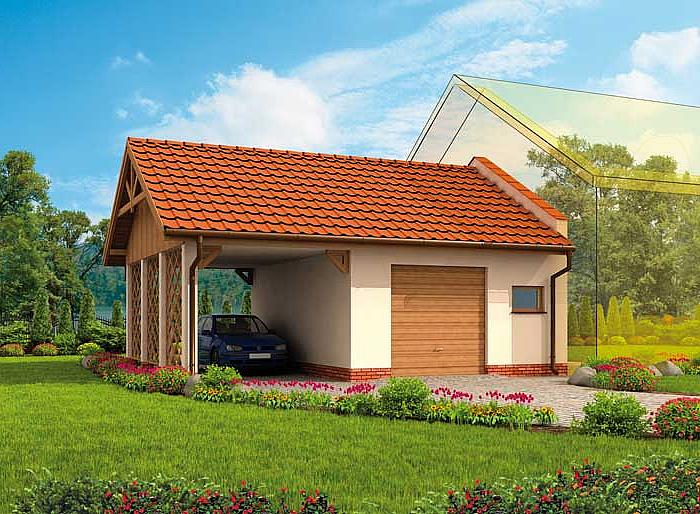 Projekt domu GP10 garaż dostawiany jednostanowiskowy z pomieszczeniem gospodarczym i wiatą