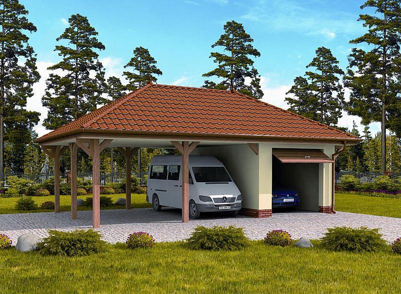 Projekt domu G249 szkielet drewniany garaż i wiata dwustanowiskowa