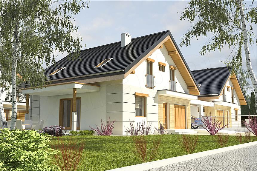 Projekt domu Nowinka V z garażem i wiatą bliźniak [A1-BL1]