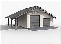 G6 szkielet drewniany, garaż dwustanowiskowy z wiatą garażową jednostanowiskową